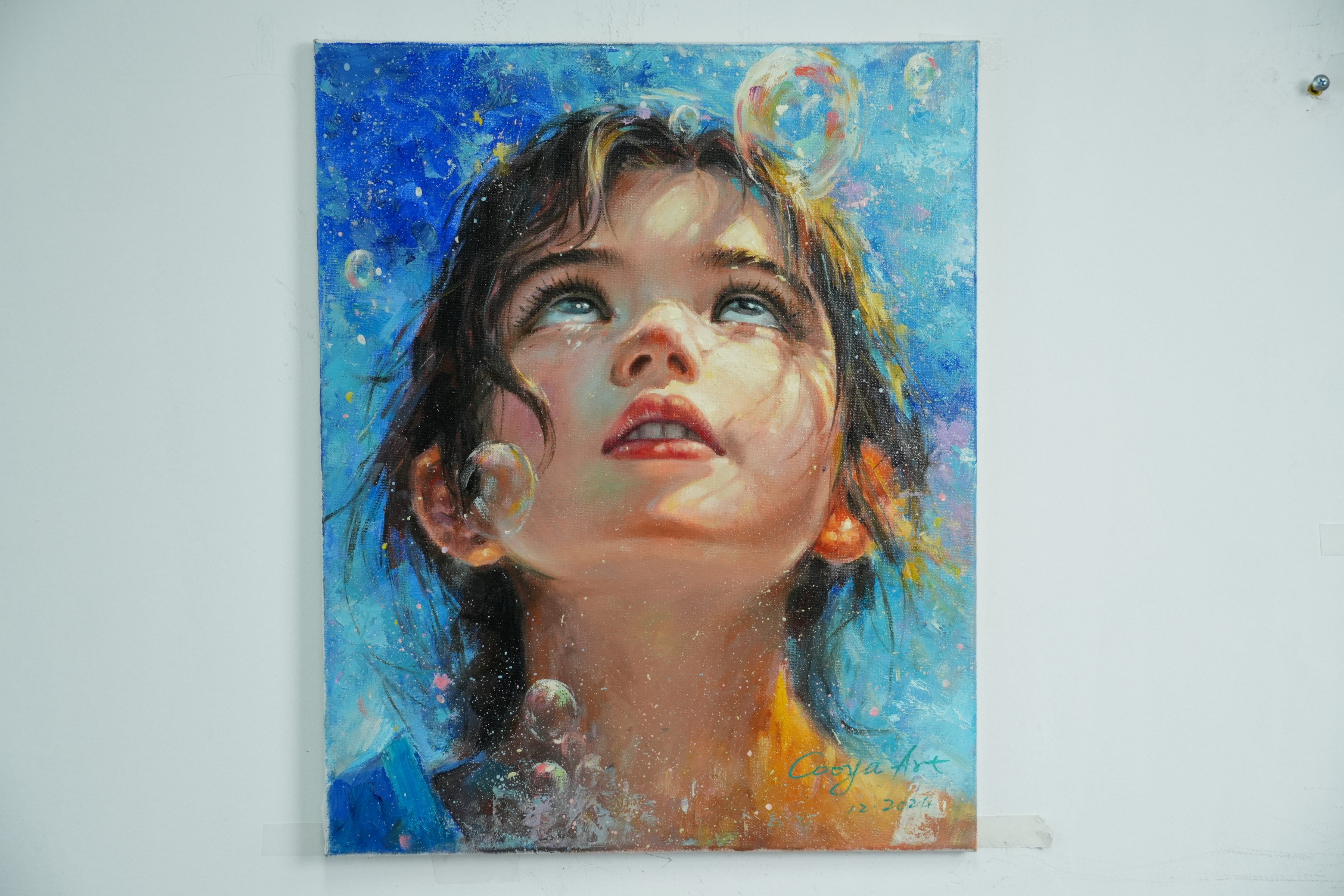 Dreams in Bubbles – Little Girl Looking Up Oil Painting