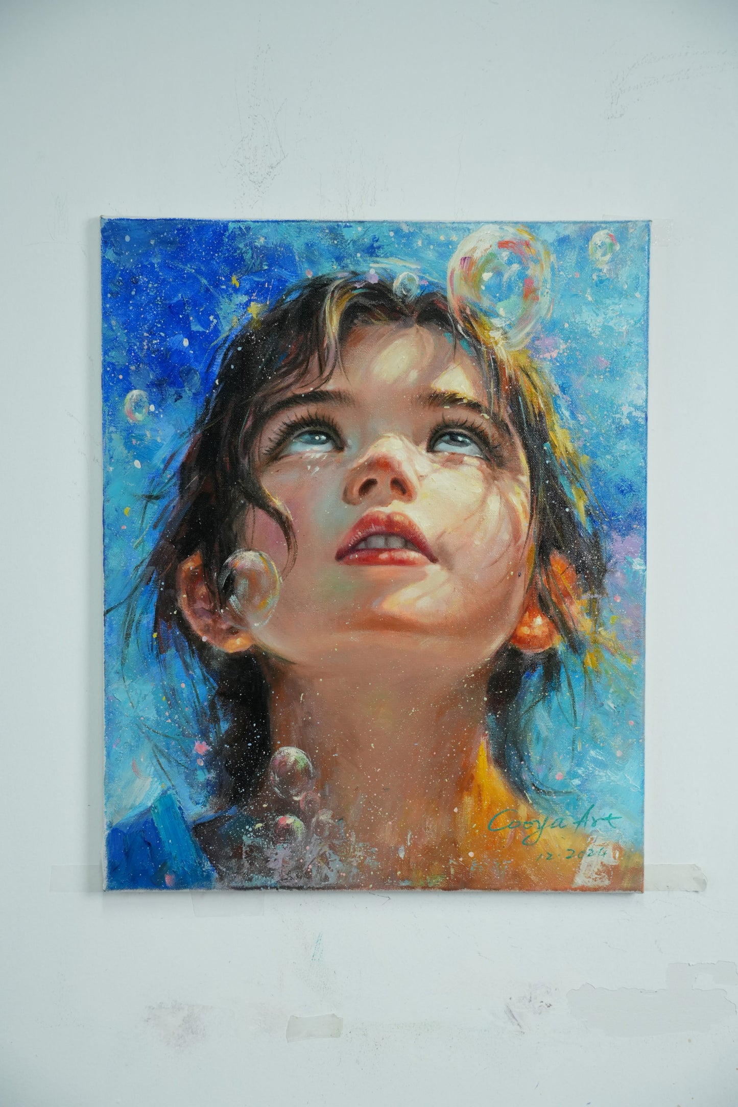 Dreams in Bubbles – Little Girl Looking Up Oil Painting