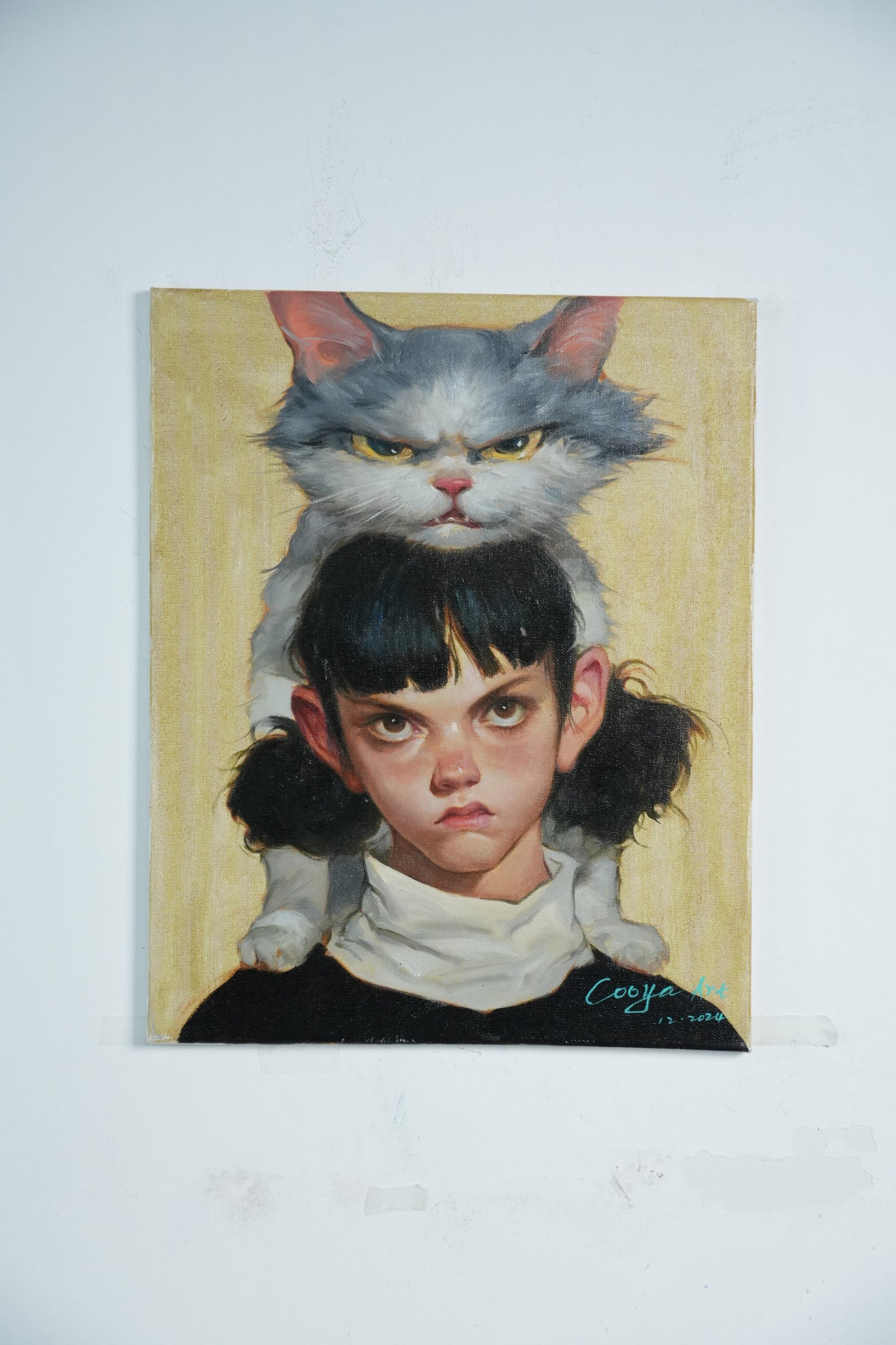 Silent Companionship – Girl with Cat on Her Head Oil Painting