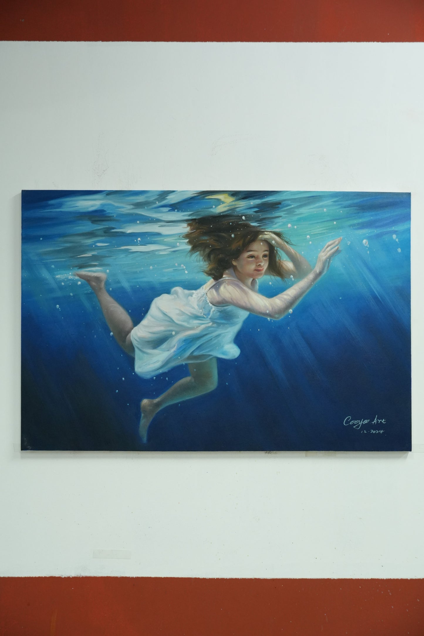 Underwater Wonder – Girl Swimming Beneath the Sea Oil Painting