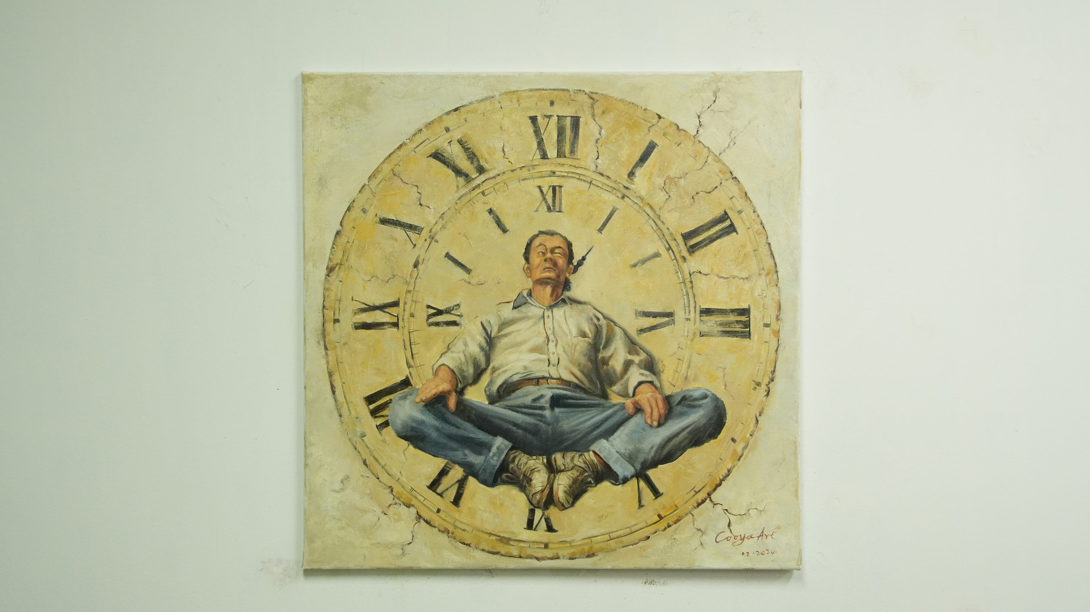 Weight of Time – Figurative Oil Painting of a Man on Clock Face