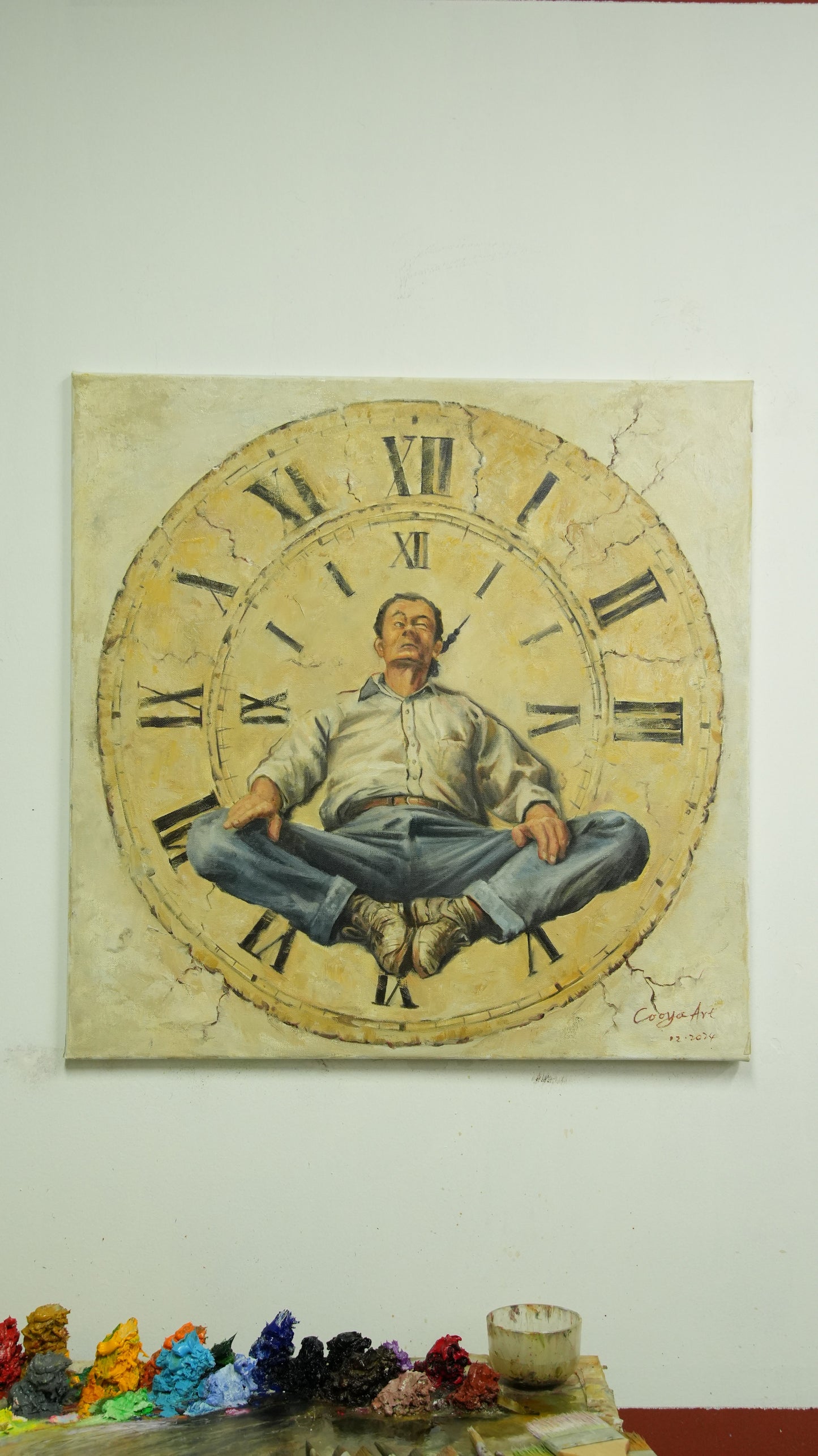 Weight of Time – Figurative Oil Painting of a Man on Clock Face