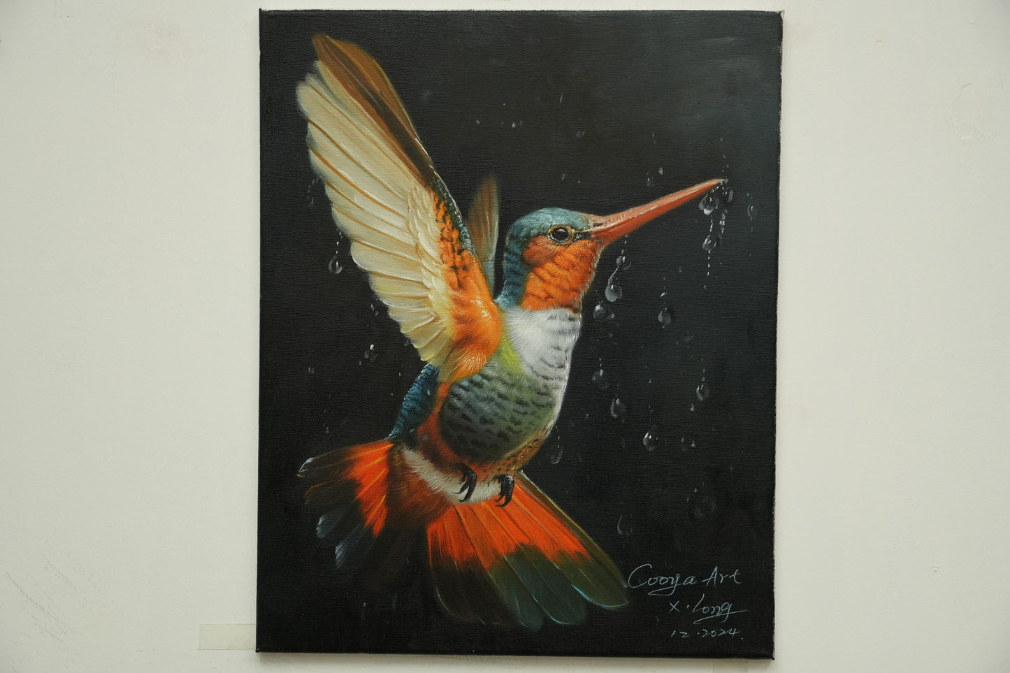 Grace in the Rain – Hummingbird in Flight Oil Painting