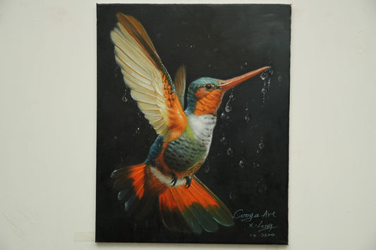 Grace in the Rain – Hummingbird in Flight Oil Painting