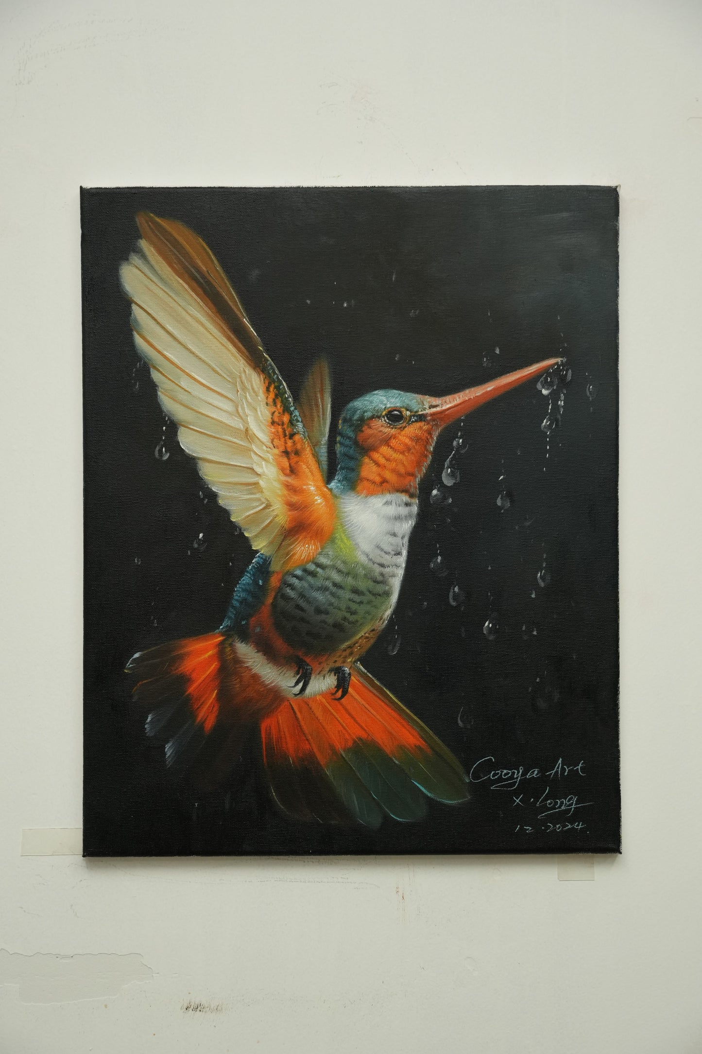 Grace in the Rain – Hummingbird in Flight Oil Painting