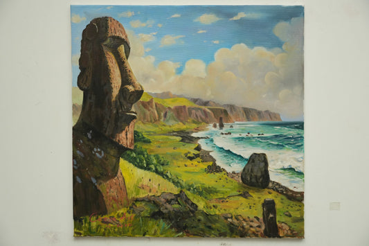 Silent Guardians – Easter Island Moai Oil Painting
