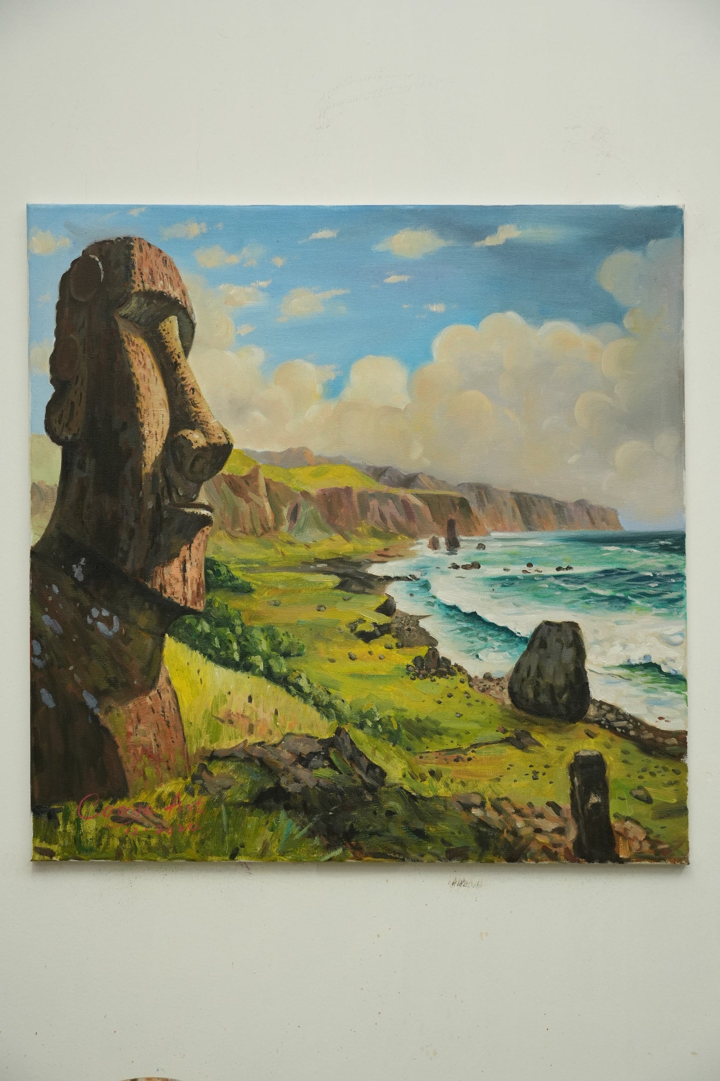 Silent Guardians – Easter Island Moai Oil Painting