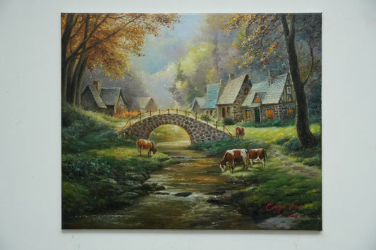 Tranquil Mountain Village with Bridge and Cattle