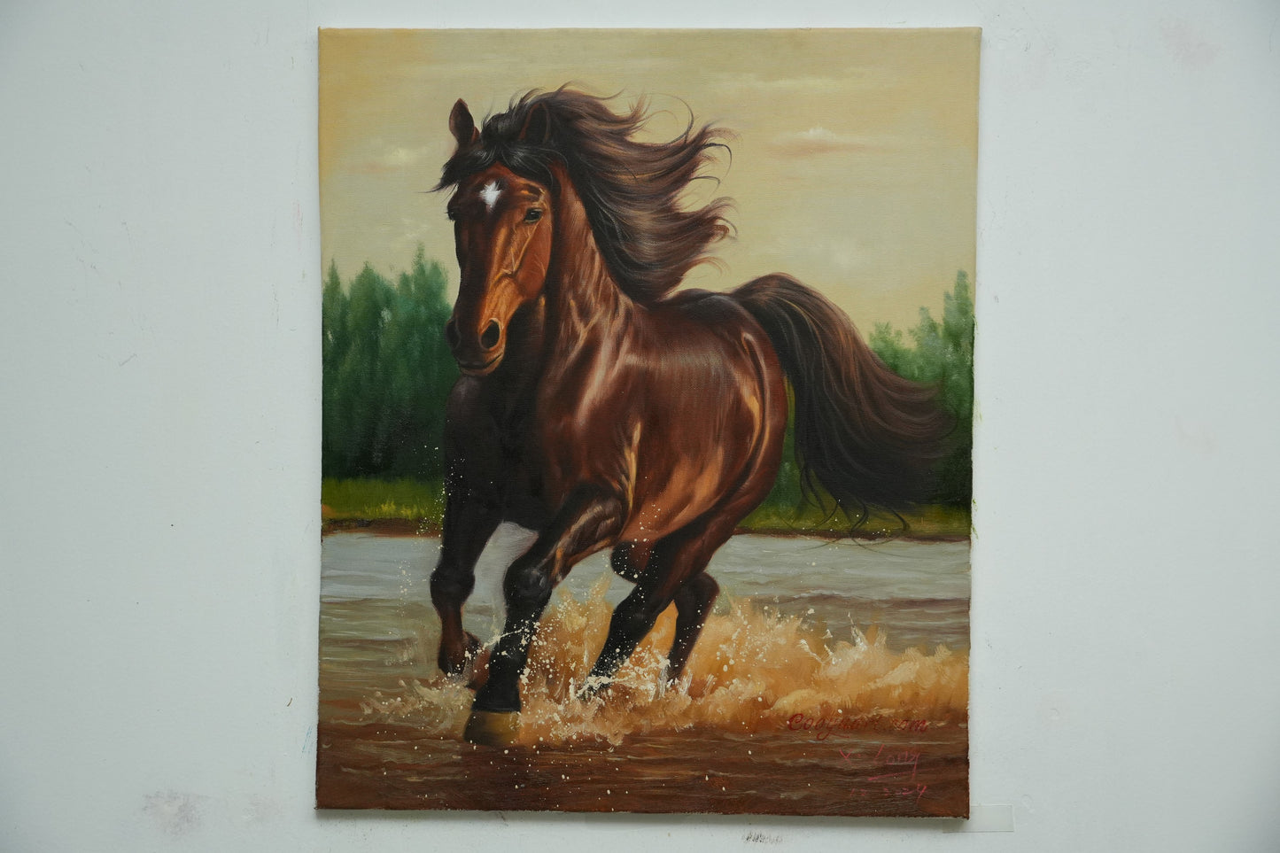 Wild Spirit – Running Horse in Water Oil Painting