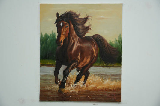 Wild Spirit – Running Horse in Water Oil Painting