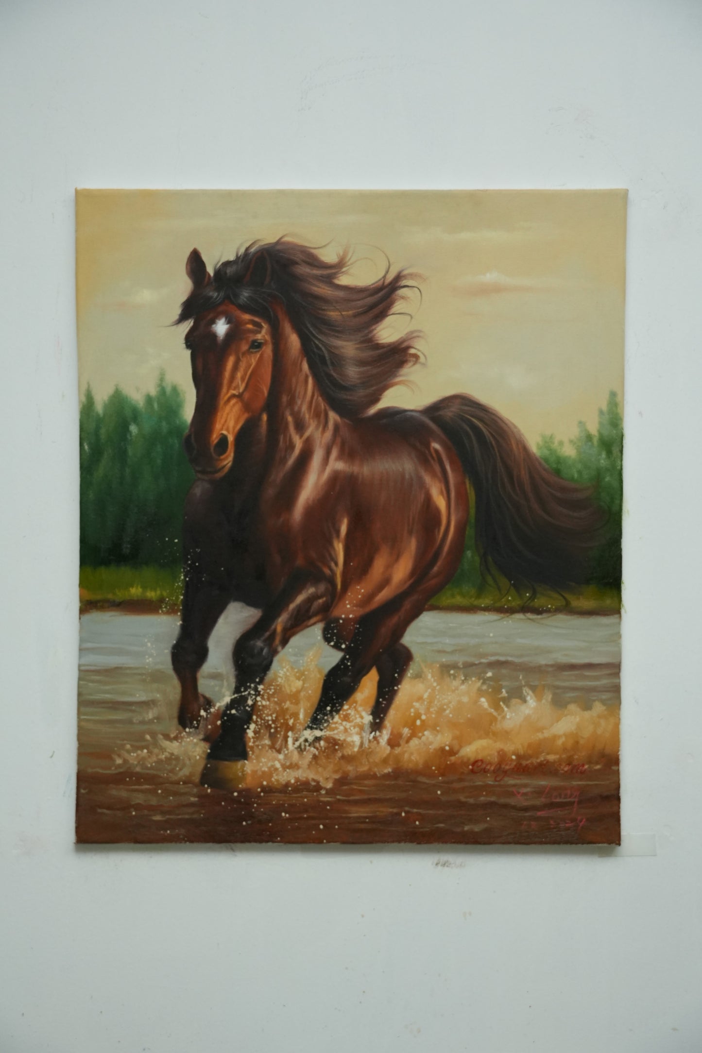 Wild Spirit – Running Horse in Water Oil Painting