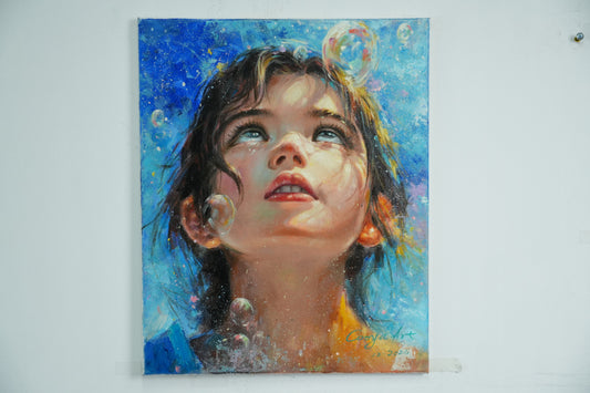 Dreams in Bubbles – Little Girl Looking Up Oil Painting