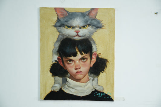 Silent Companionship – Girl with Cat on Her Head Oil Painting