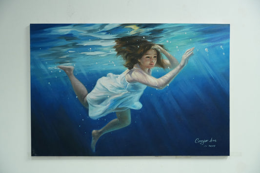 Underwater Wonder – Girl Swimming Beneath the Sea Oil Painting