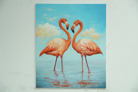 Graceful Reflection – Symmetrical Flamingos Oil Painting