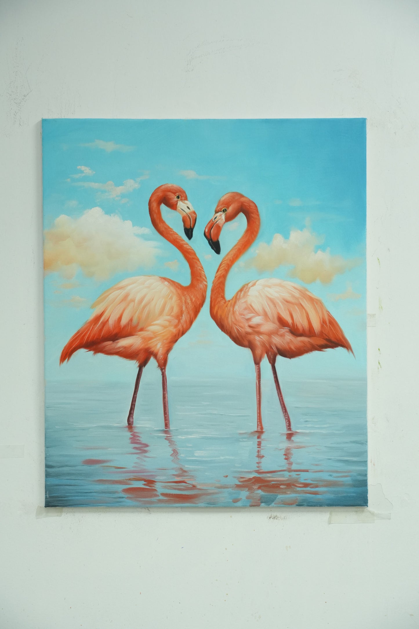 Graceful Reflection – Symmetrical Flamingos Oil Painting