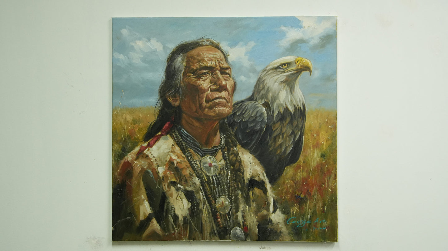 Spirit of the Plains – Native American with Eagle Oil Painting