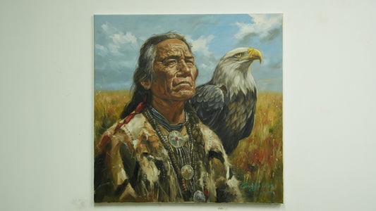 Spirit of the Plains – Native American with Eagle Oil Painting