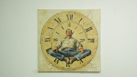 Weight of Time – Figurative Oil Painting of a Man on Clock Face